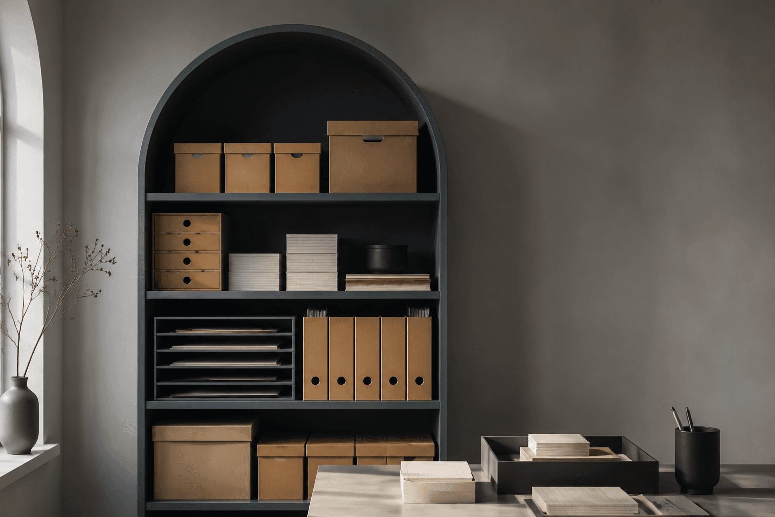 An arch-topped archive shelving bay filled with kraft archive boxes, index cards and paper trays
